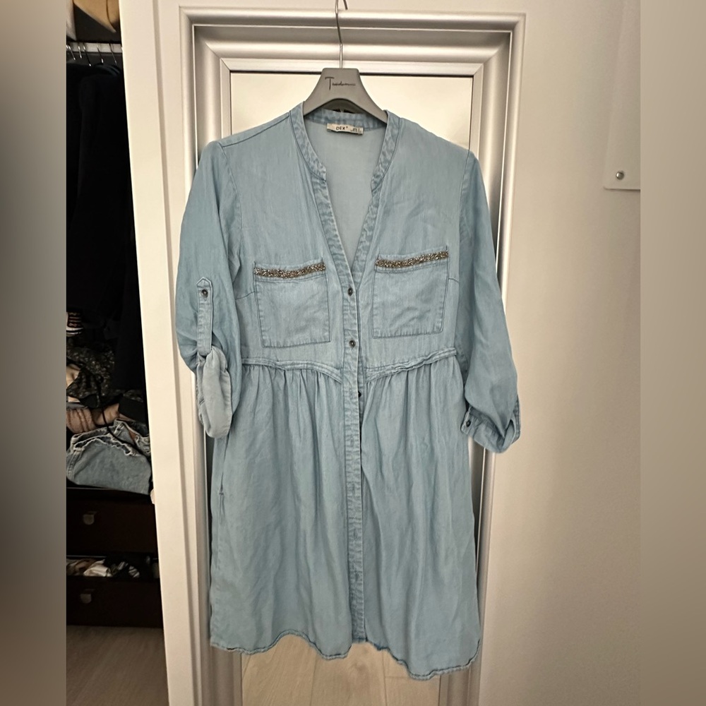 Light Wash Denim Shirt Dress with Embellished Pockets